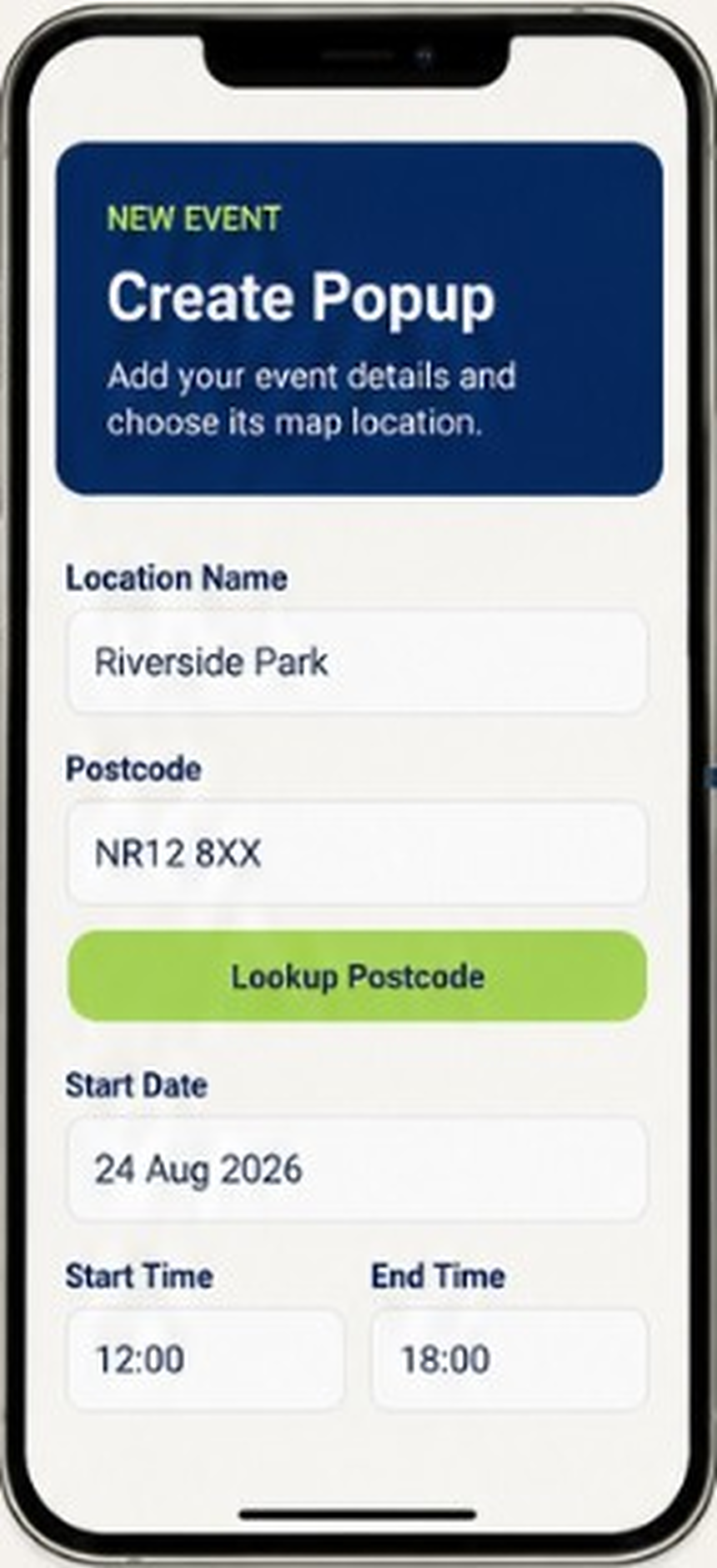 Create Popup screen with location, postcode, date and trading-time fields