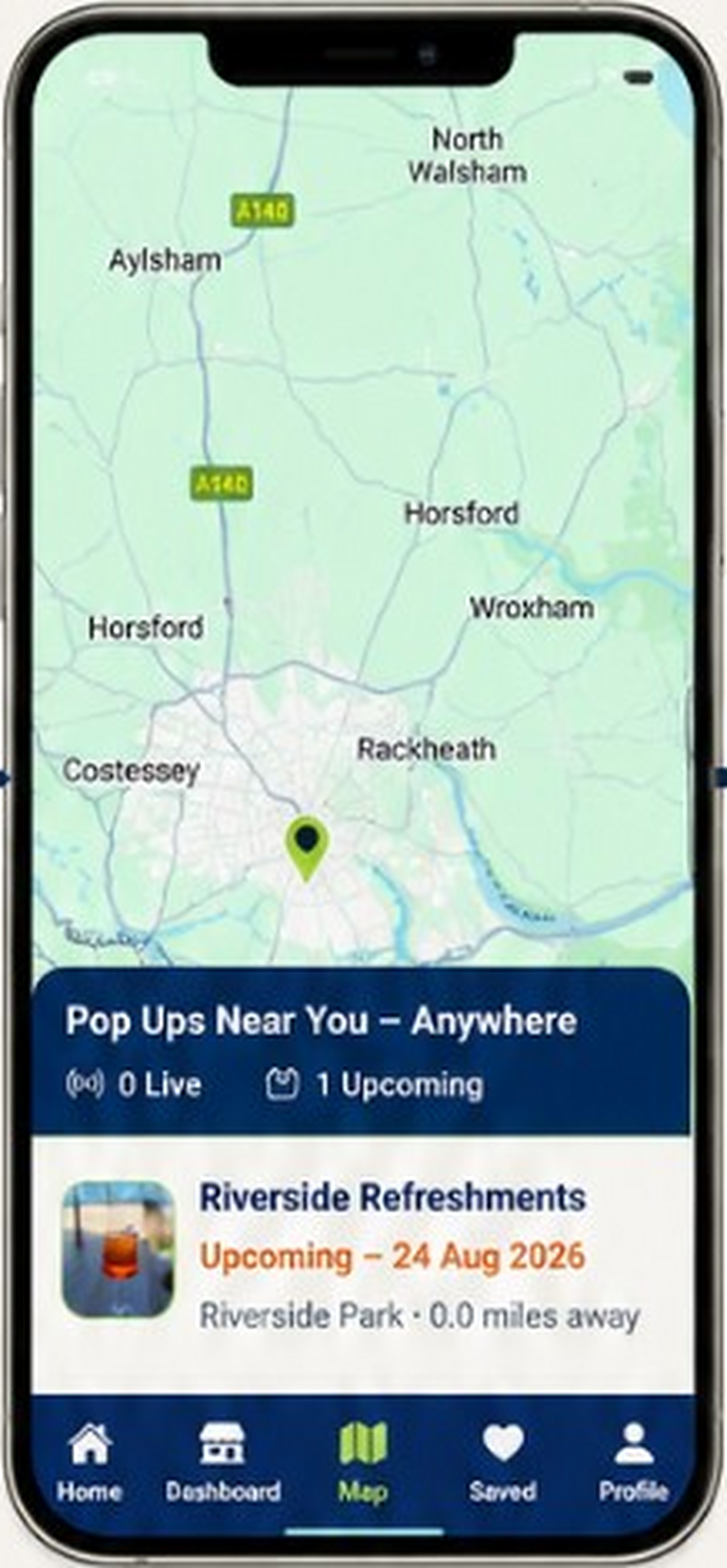 Map showing Riverside Refreshments as an upcoming popup